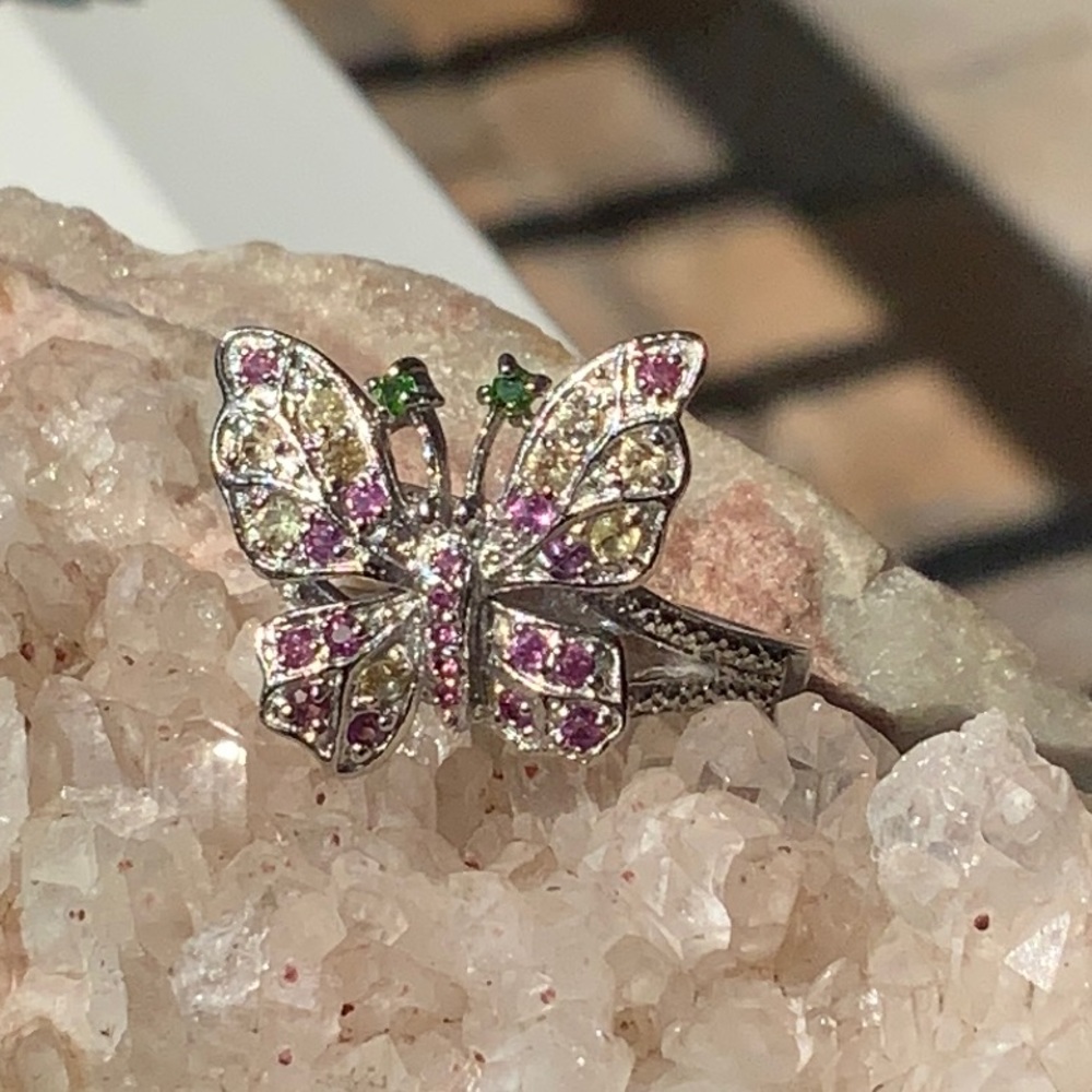 RHODOLITE & SAPPHIRE BUTTERFLY 925 STERLING SILVER RING, SIZE 8.75
